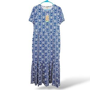 NWT Boden Women's Emma Tiered Jersey Midi Dress 10R‎ Diamond Weave Blue Coastal